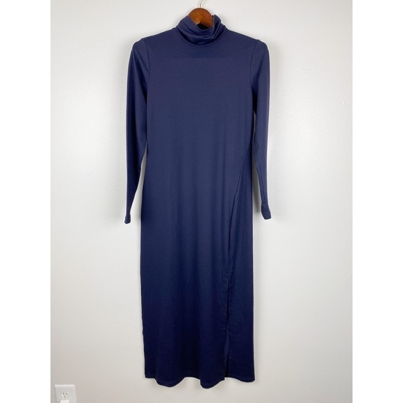 Susana Monaco Long Sleeve Turtleneck Slit Midi Dress Dark Blue Size L NWOT - Picture 2 of 7